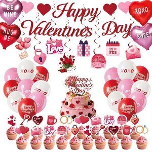Happy Valentines Day Decorations Party Set Red Heart Decor Balloons Banner Cake